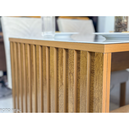 Mesa Jantar Cancun 120�90 4 Cadeiras Linho Bege 178 - Com Painel Ripado Cel M�veis - Oferta