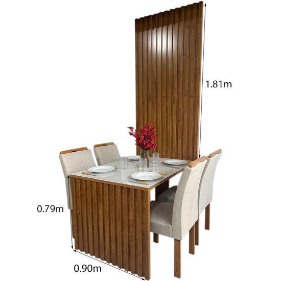 Mesa Jantar Cancun 120�90 4 Cadeiras Linho Bege 178 - Com Painel Ripado Cel M�veis - Oferta