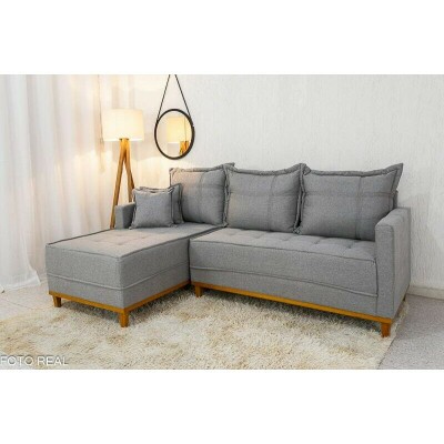 Sof� 3 Lug. Mil�o C/Chaise Lado Direito Linho Cinza 1008 Larg. 2.30m - Molas Ensacadas