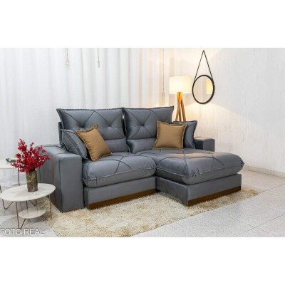 Sof� Retr�til Reclin�vel Gran Bello 2.30m Veludo Cinza 20 - Molas Ensacadas Pocket