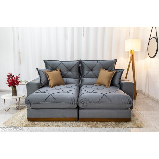 Sof� Retr�til Reclin�vel Gran Bello 2.30m Veludo Cinza 20 - Molas Ensacadas Pocket