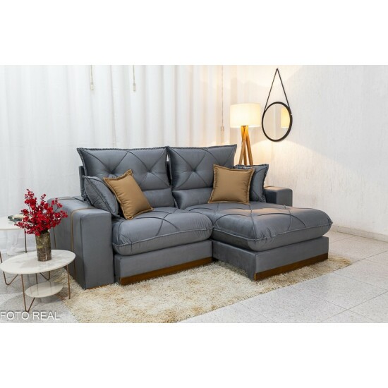 Sof� Retr�til Reclin�vel Gran Bello 2.30m Veludo Cinza 20 - Molas Ensacadas Pocket
