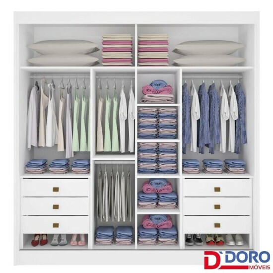 Guarda-roupa Casal Cancun Branco 2 Portas 6 Gavetas Detalhe Ripado 100% MDF Larg. 2.20m - D Doro