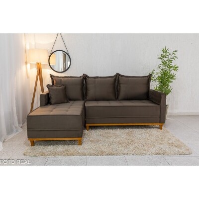 Sof� 3 Lug. Mil�o C/Chaise Lado Direito Veludo Marrom 815 Larg. 2.30m - Molas Ensacadas