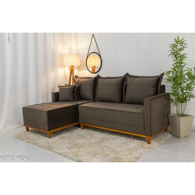 Sof� 3 Lug. Mil�o C/Chaise Lado Direito Veludo Marrom 815 Larg. 2.30m - Molas Ensacadas
