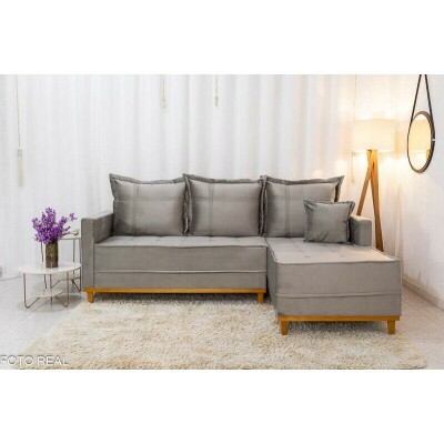 Sof� 3 Lug. Mil�o C/Chaise Lado Esquerdo Veludo Cinza 813 Larg. 2.30m - Molas Ensacadas