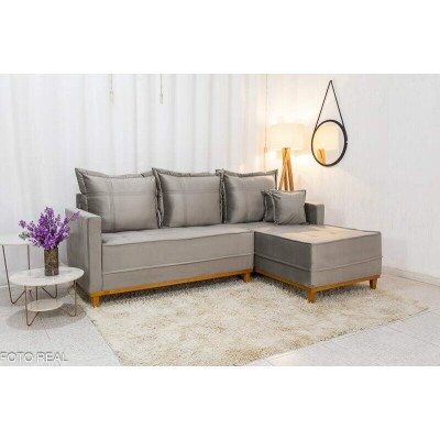 Sof� 3 Lug. Mil�o C/Chaise Lado Esquerdo Veludo Cinza 813 Larg. 2.30m - Molas Ensacadas
