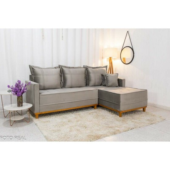 Sof� 3 Lug. Mil�o C/Chaise Lado Esquerdo Veludo Cinza 813 Larg. 2.30m - Molas Ensacadas