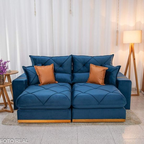 Sof� Retr�til Reclin�vel Gran Bello 2,50m Veludo Azul 03 - Molas Ensacadas