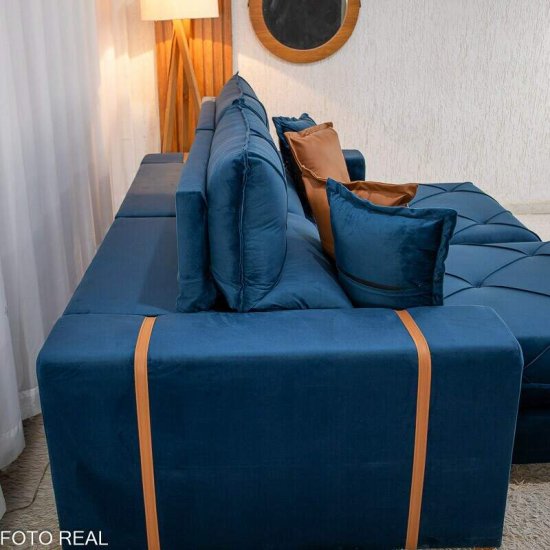 Sof� Retr�til Reclin�vel Gran Bello 2,50m Veludo Azul 03 - Molas Ensacadas