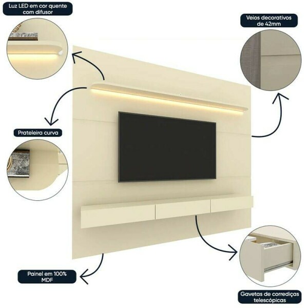 Home Royal C/Led Off e Nicho 100% MDF TV at 85 Polegadas Larg. 2.19m - Gelius
