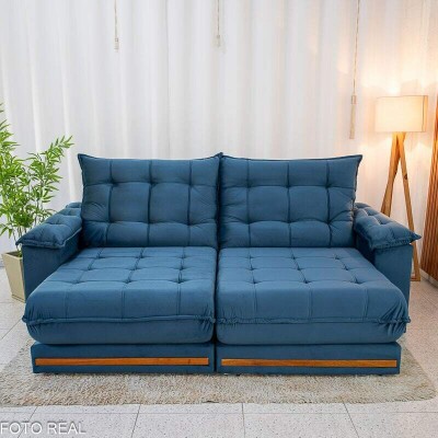 Sof� Retr�til Reclin�vel Barcelona 2.30m Veludo Azul 325 - D33 e Molas Ensacadas