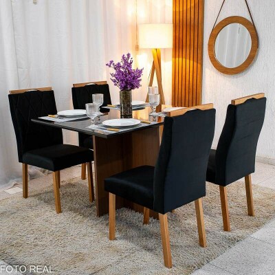 Mesa de Jantar Helo 120�90 Tampo MDF Vidro Preto 4 Cad. Lisboa Veludo Preto 504 Madeira Maci�a