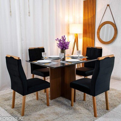 Mesa de Jantar Helo 12090 Tampo MDF Vidro Preto 4 Cad. Lisboa Veludo Preto 504 Madeira Macia - Entregue Montada