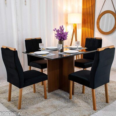 Mesa de Jantar Helo 12090 Tampo MDF Vidro Preto 4 Cad. Lisboa Veludo Preto 504 Madeira Macia - Entregue Montada