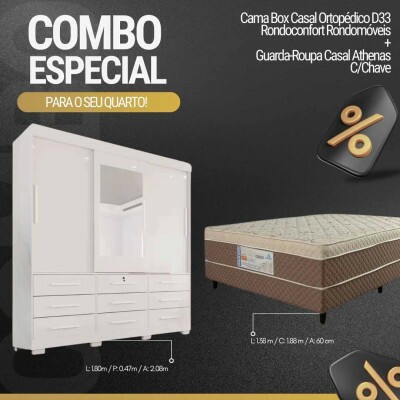 Roupeiro Athenas C/Espelho 3 Pts. 9 Gav. Branco Larg. 1.80m C/Ps Bianchi + Cama Box Casal Ortopdico D33 Rondoconfort Rondomveis
