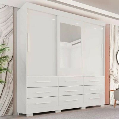 Roupeiro Athenas C/Espelho 3 Pts. 9 Gav. Branco Larg. 1.80m C/P�s Bianchi + Cama Box Casal Ortop�dico D33 Rondoconfort Rondom�veis