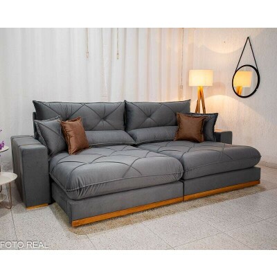 Sof� Retr�til Reclin�vel Gran Bello 2.90m Veludo Cinza 20 - Molas Ensacadas
