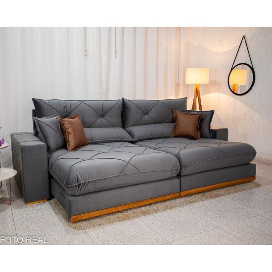 Sof� Retr�til Reclin�vel Gran Bello 2.90m Veludo Cinza 20 - Molas Ensacadas