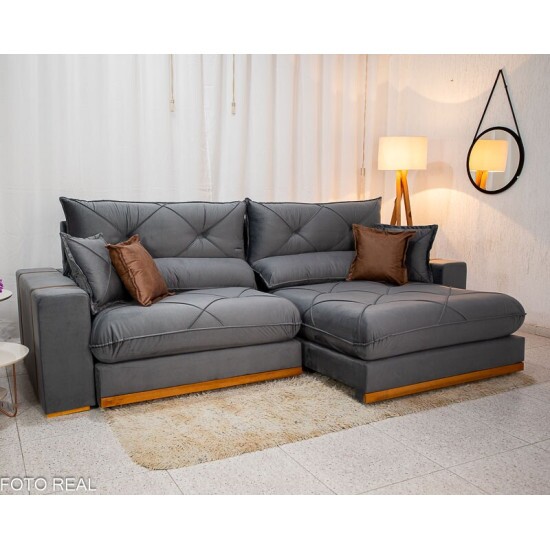Sof� Retr�til Reclin�vel Gran Bello 2.90m Veludo Cinza 20 - Molas Ensacadas