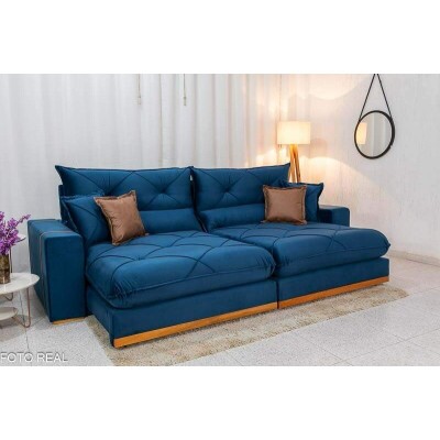 Sof� Retr�til Reclin�vel Gran Bello 2.90m Veludo Azul - Molas Ensacadas