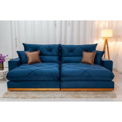 Sof� Retr�til Reclin�vel Gran Bello 2.90m Veludo Azul - Molas Ensacadas
