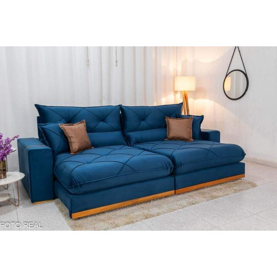 Sof� Retr�til Reclin�vel Gran Bello 2,90m Veludo Azul - Molas Ensacadas