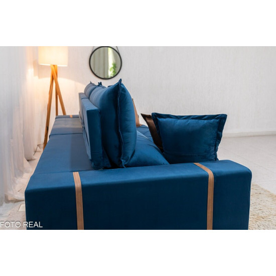 Sof� Retr�til Reclin�vel Gran Bello 2,90m Veludo Azul - Molas Ensacadas