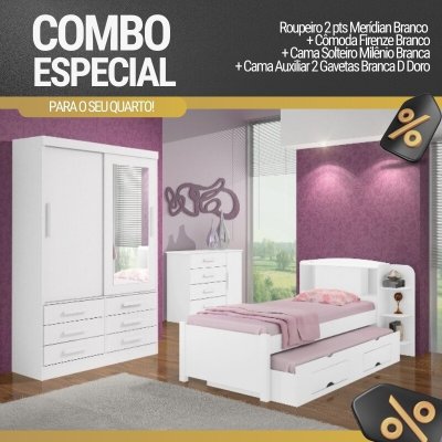 Combo - Roupeiro Mer�dian 2 Pts Branco + C�moda Firenze Branco + Cama Mil�nio Branca + Cama Auxiliar 2 Gavetas Branca - D Doro
