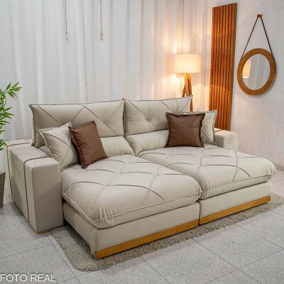 Sof� Retr�til Reclin�vel Gran Bello 2.90m Veludo Bege 01- Molas Ensacadas