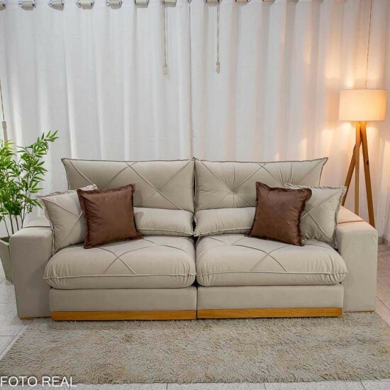 Sof� Retr�til Reclin�vel Gran Bello 2.90m Veludo Bege 01- Molas Ensacadas