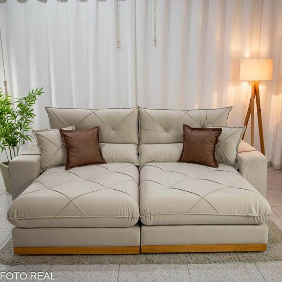 Sof� Retr�til Reclin�vel Gran Bello 2.90m Veludo Bege 01- Molas Ensacadas
