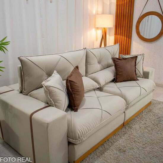 Sof� Retr�til Reclin�vel Gran Bello 2.90m Veludo Bege 01- Molas Ensacadas