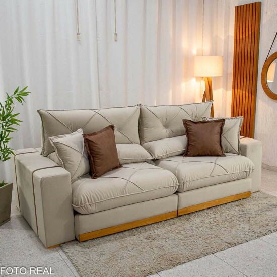 Sof� Retr�til Reclin�vel Gran Bello 2.90m Veludo Bege 01- Molas Ensacadas