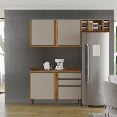 Balc�o P�rola Cinamomo/Off 1.20m + A�reo 2 Portas 1.20m Cinamomo/Off + Arm�rio de Geladeira P�rola Cinamomo - Sall�to