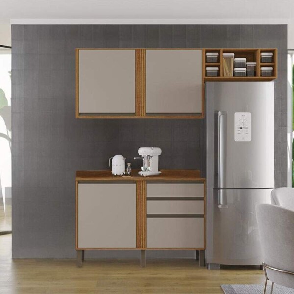Balco Prola Cinamomo/Off 1.20m + Areo 2 Portas 1.20m Cinamomo/Off + Armrio de Geladeira Prola Cinamomo - Sallto