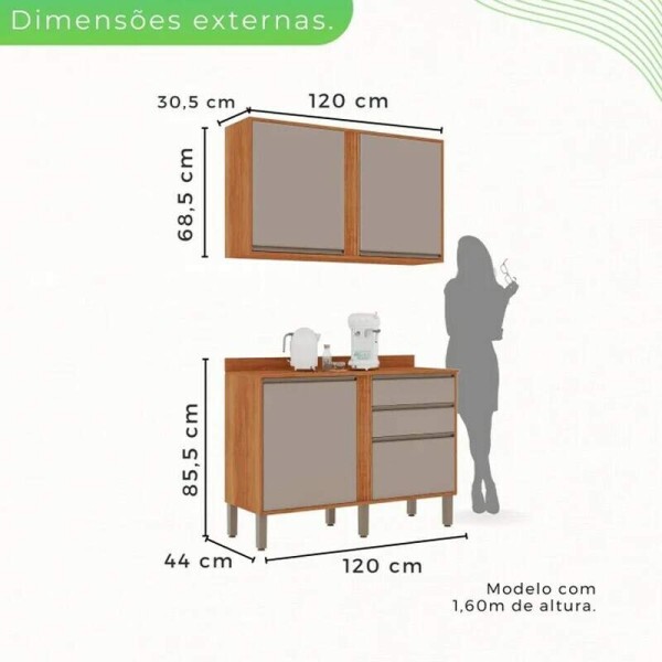 Balco Prola Cinamomo/Off 1.20m + Areo 2 Portas 1.20m Cinamomo/Off + Armrio de Geladeira Prola Cinamomo - Sallto