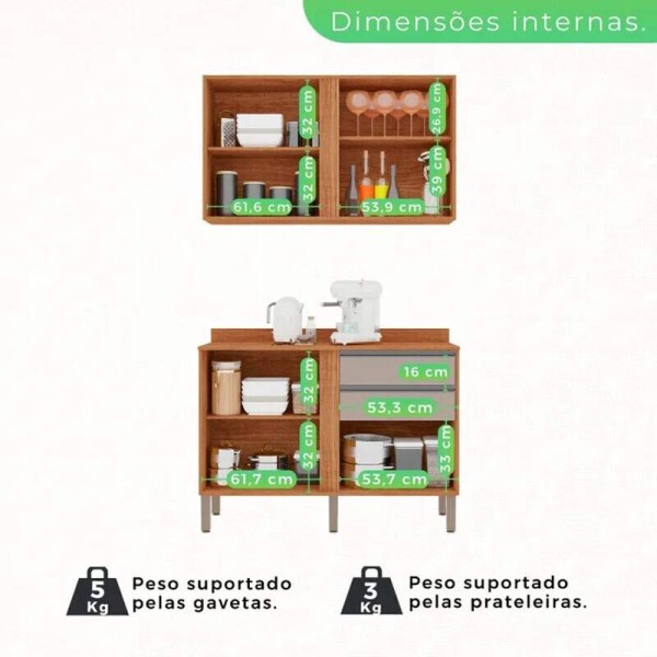 Balco Prola Cinamomo/Off 1.20m + Areo 2 Portas 1.20m Cinamomo/Off + Armrio de Geladeira Prola Cinamomo - Sallto