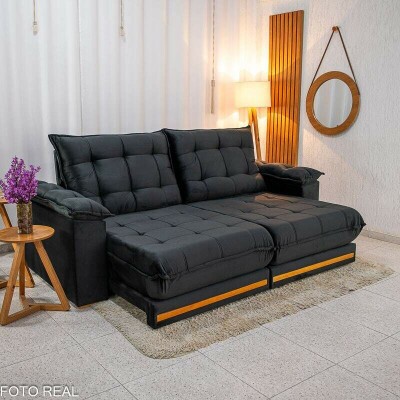 Sof� Retr�til Reclin�vel Barcelona 2.50m Veludo Preto 322 - D33 e Molas Ensacadas