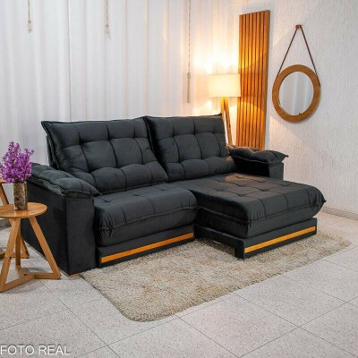 Sof� Retr�til Reclin�vel Barcelona 2.50m Veludo Preto 322 - D33 e Molas Ensacadas