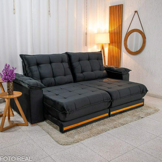 Sof� Retr�til Reclin�vel Barcelona 2,50m Veludo Preto 322 - D33 e Molas Ensacadas