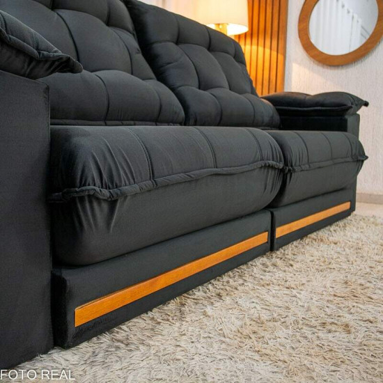 Sof� Retr�til Reclin�vel Barcelona 2,50m Veludo Preto 322 - D33 e Molas Ensacadas
