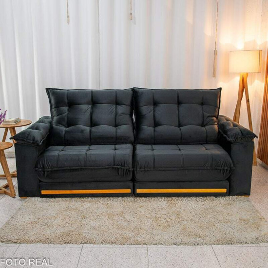 Sof� Retr�til Reclin�vel Barcelona 2,50m Veludo Preto 322 - D33 e Molas Ensacadas