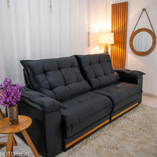 Sof� Retr�til Reclin�vel Barcelona 2,50m Veludo Preto 322 - D33 e Molas Ensacadas