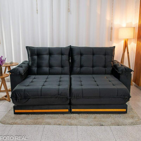 Sof� Retr�til Reclin�vel Barcelona 2,50m Veludo Preto 322 - D33 e Molas Ensacadas