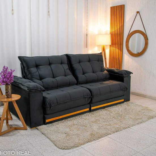 Sof� Retr�til Reclin�vel Barcelona 2,50m Veludo Preto 322 - D33 e Molas Ensacadas