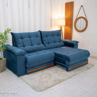 Sof� Retr�til Reclin�vel Barcelona 2.50m Veludo Azul 325 - D33 e Molas Ensacadas