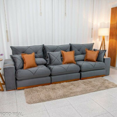 Sof� Retr�til Reclin�vel Gran Bello 3.20m Veludo Cinza - Molas Ensacadas