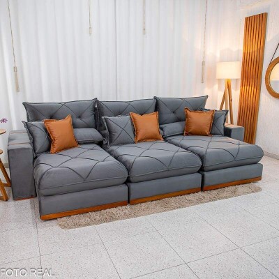 Sof� Retr�til Reclin�vel Gran Bello 3.20m Veludo Cinza - Molas Ensacadas