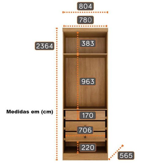 Modulado Rizon Cumaru/Fendi Fosco 2 Portas 3 Gavetas 100% MDF Larg. 0.804m - Novo Horizonte
